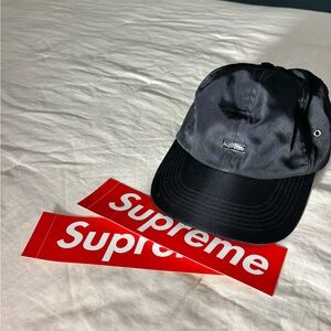 Supreme Black Satin Camp Cap Hat Metal Logo Adjustable
